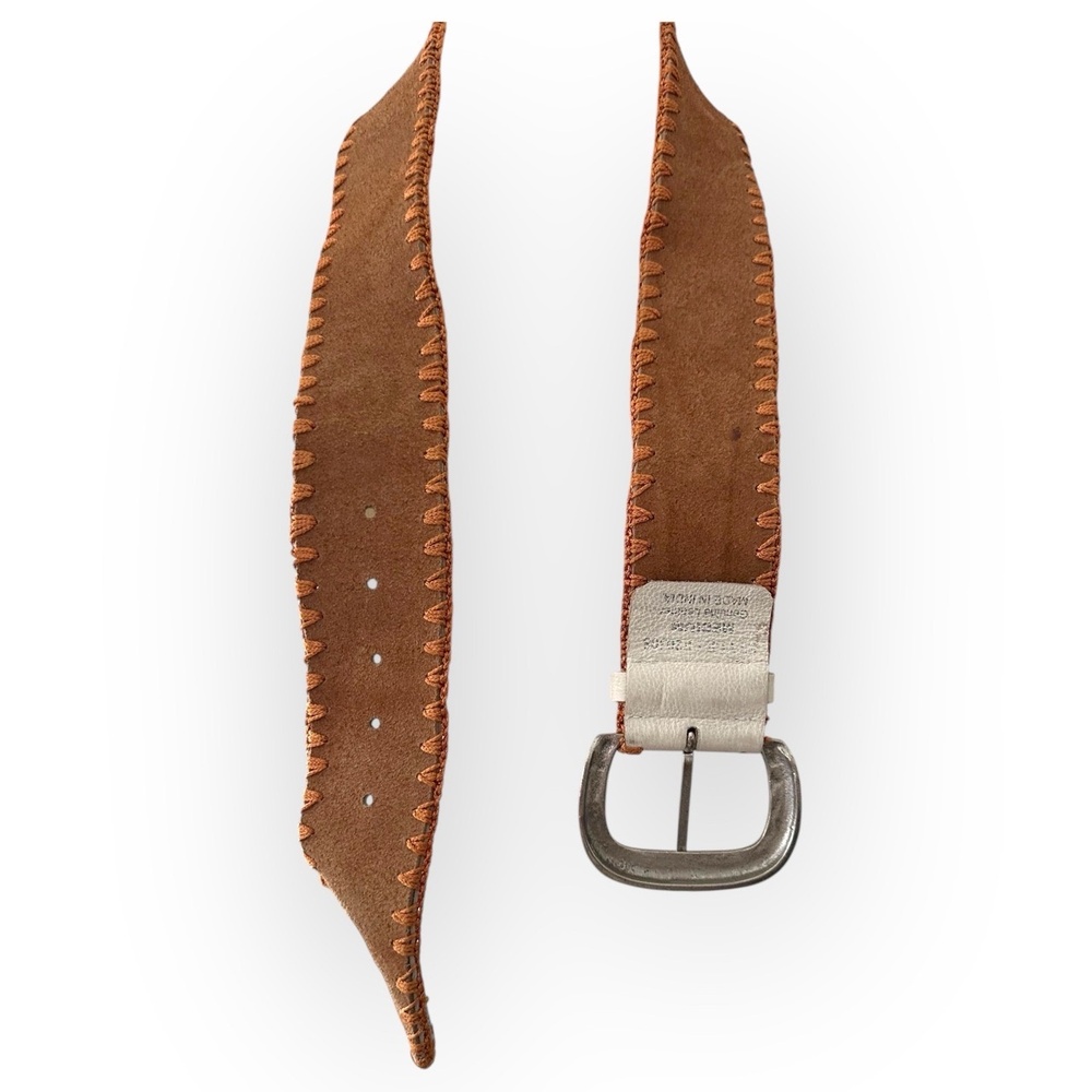 Vintage White Brown Genuine Leather Floral Whipstitch Belt Flowers Applique 90’s - Picture 9 of 10